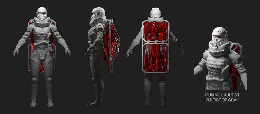 A 3d Sculpt of an armour clad soldier carrying a body vacuum sealed in a bag on her back.