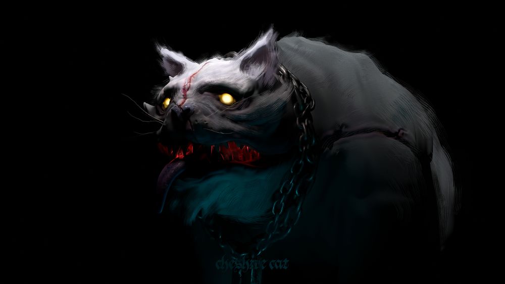 3/4 view of the Chesire Cat from alice in wonderland. Massive chains bind his neck.