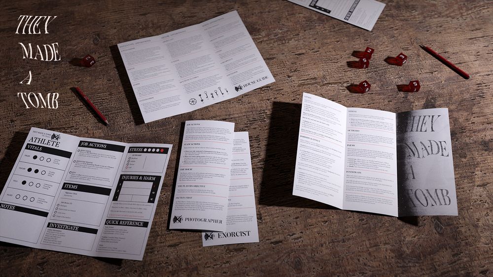 A mockup of the RPG setup on a table in a rundown house.