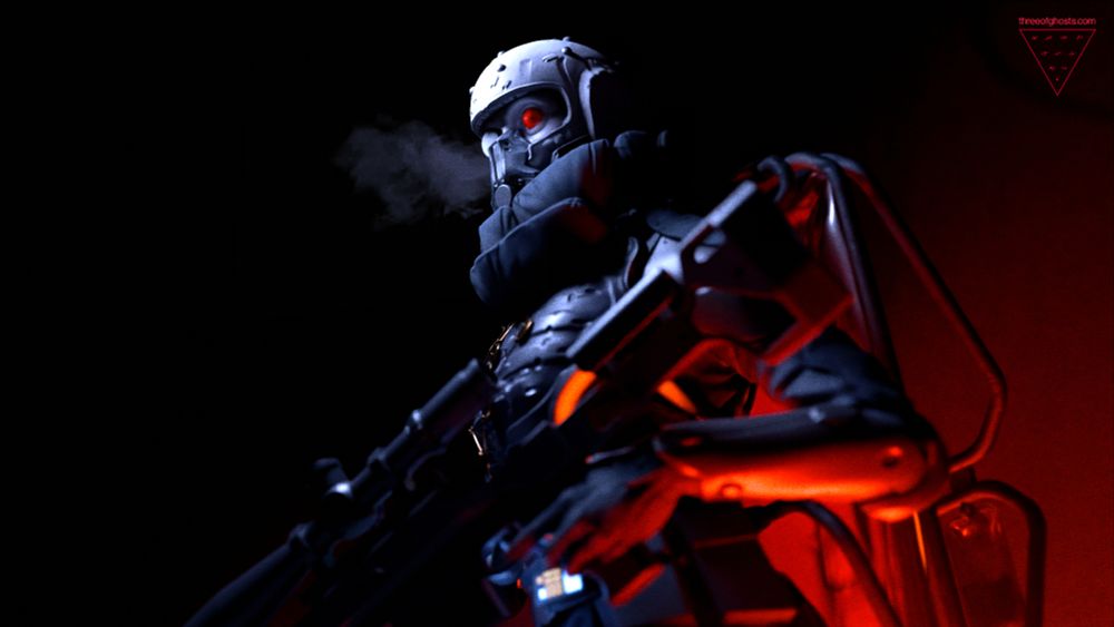 Close up of the soldier, her single red eye looks directly at you.