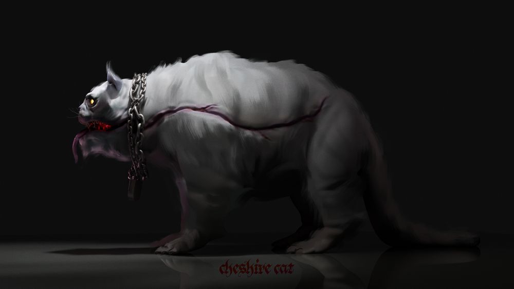 Side view of the Chesire Cat from alice in wonderland. Massive chains bind his neck.