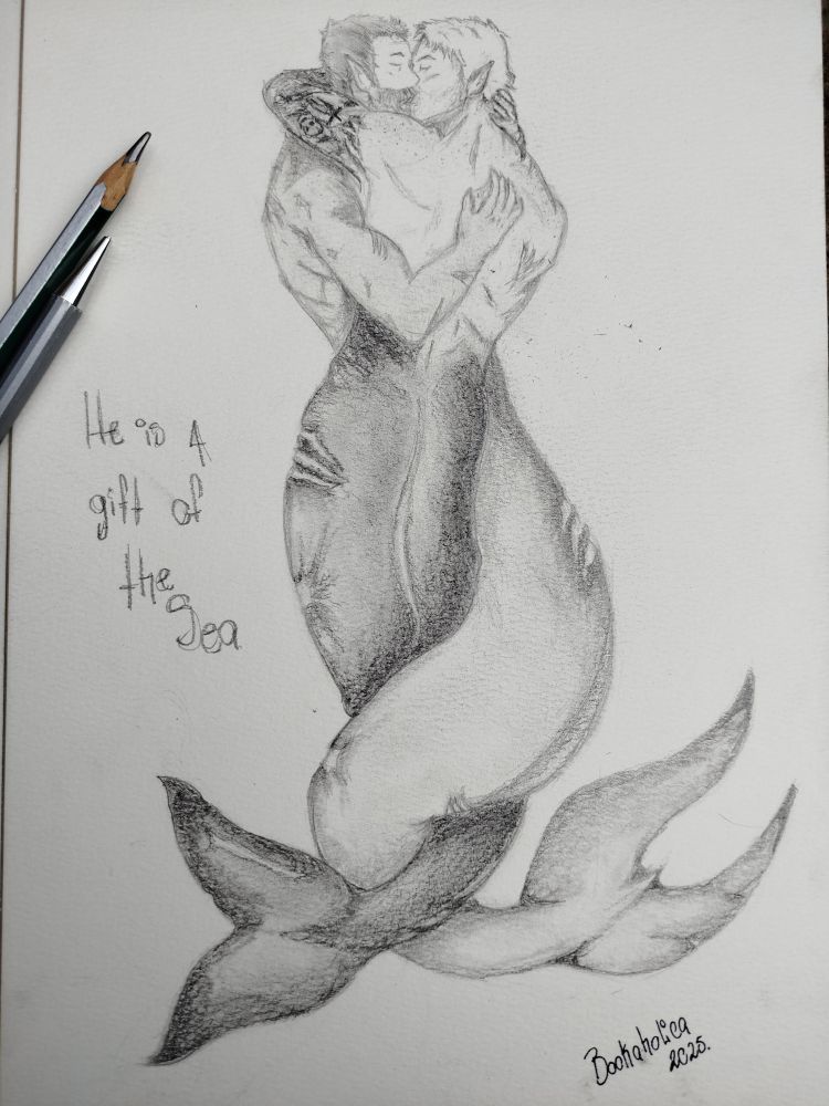 Price and Ghost in triton form, kissing, tails intertwined from Bound by the Sea.