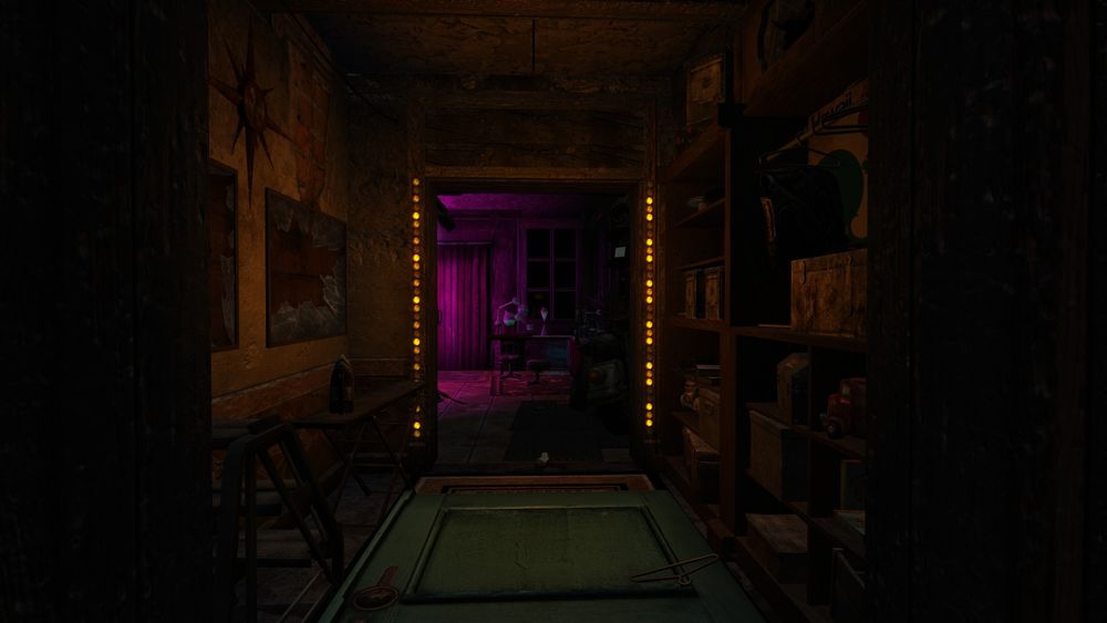 Mod screenshot: a partly destroyed doorway drenched in colorful neon lighting.