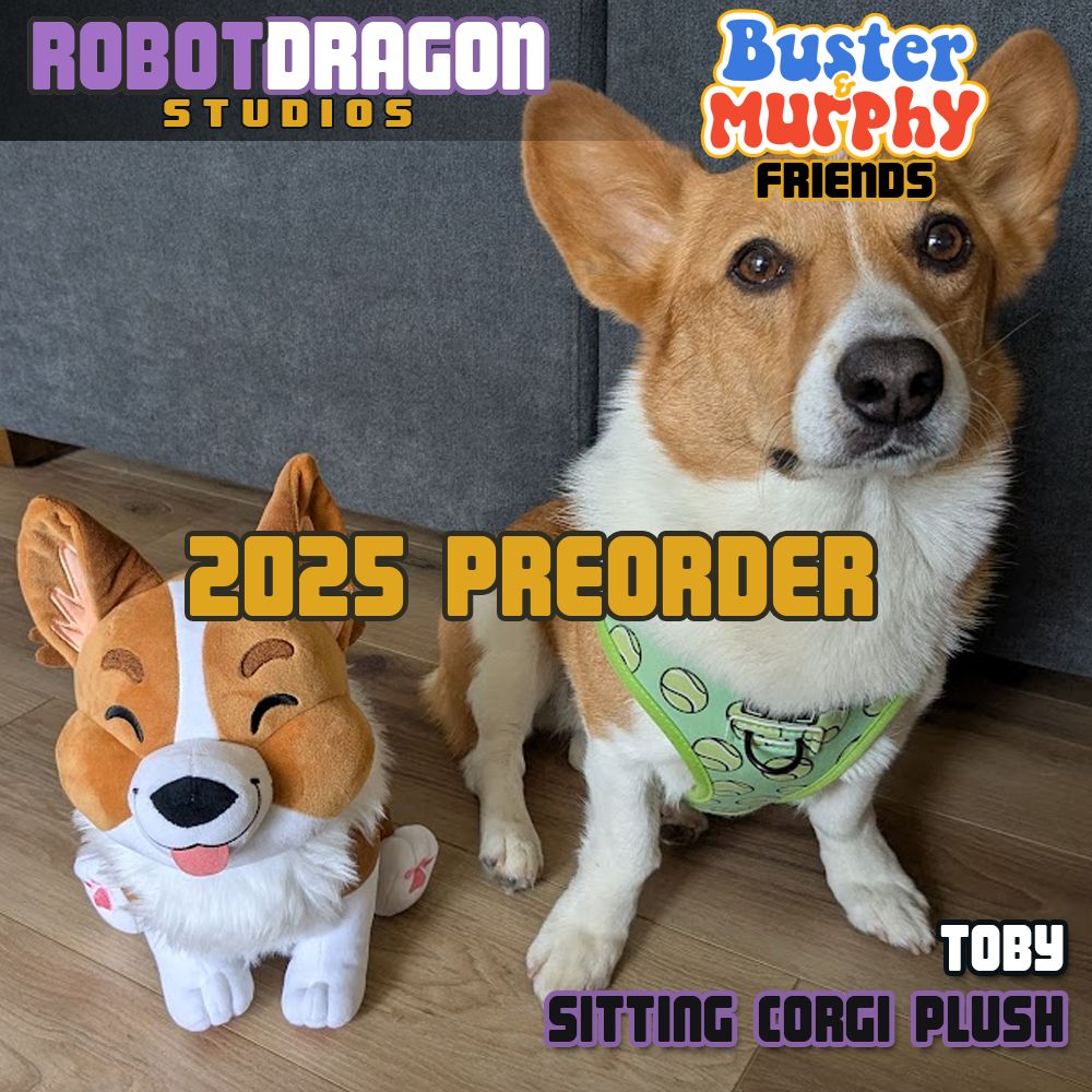 Toby plush from the front with a preorder text across it