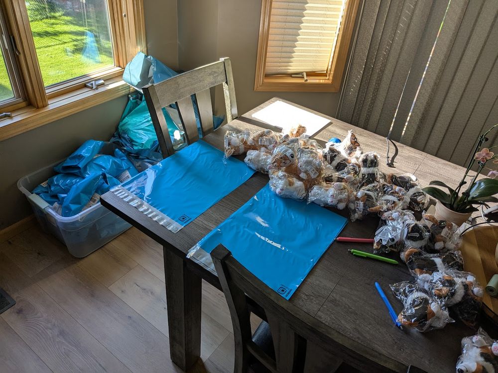 Pictures of packages and orders and plush on a table.
