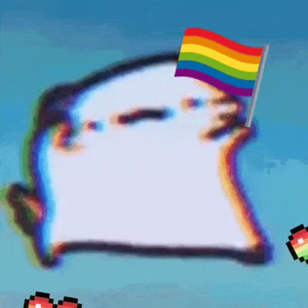 a cartoon character holding a rainbow flag