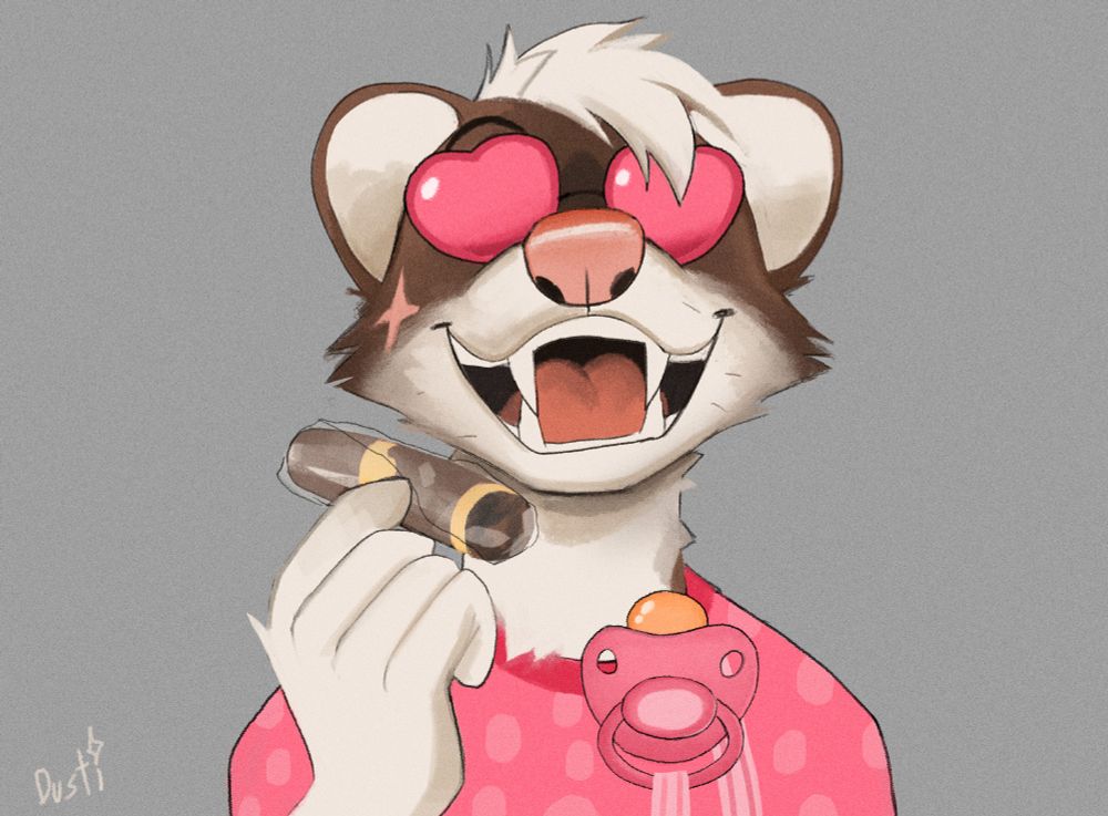 furry ABDL portrait of a weasel from the shoulders up. A weasel adorned in an ensemble of pink clothing and accessories, from pink heart shaped sunglasses to a pink pacifier clipped to a pink polkadot onesie/baby-shirt. 

The weasel wields a plastic-wrapped cigar, laughing bawdily as if to mock the viewer, trying to harness the energy of that one Arnold Schwarzenegger cigar video. 