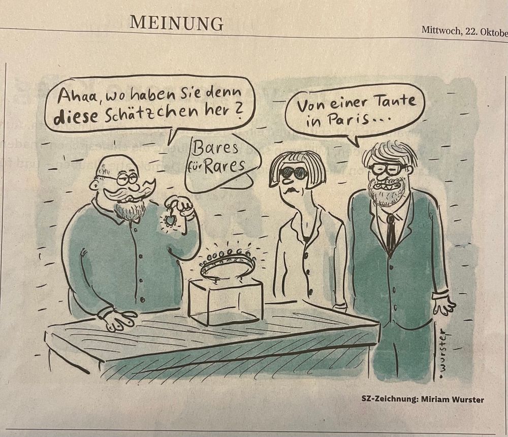 Die Karikatur zeigt, wie ein unauffälliges Paar bei Bares für Rares ein Diadem anbietet, das offenbar aus dem Louvre-Kunstraub stammt.