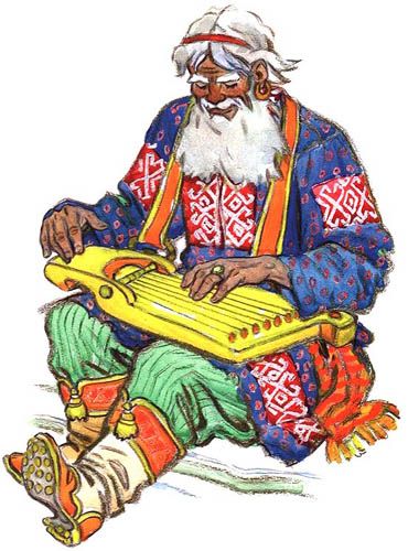A man with a long white beard, earring and headband is wearing a colorful tunic with pants and boots while playing a zither