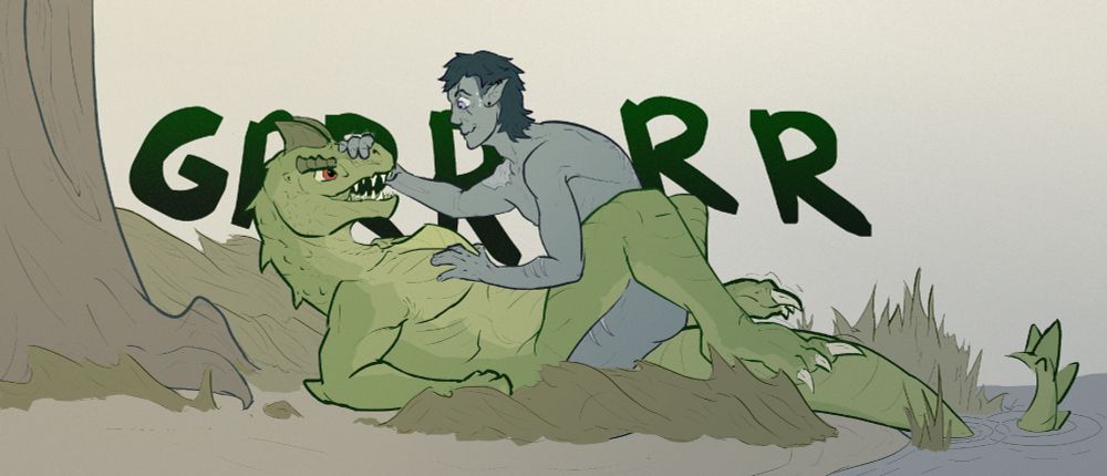 Dai the dull blue elf guy & Callie the buff lizardfolk woman who largely resembling a crocodile, fuckin at the side of a marshy creek. Dai's on top but nervous, and clutches Callie's upper jaw tensely as she gazes with a predatory grin and growls deeply. It's marshy with a yellowish light, possibly Callie's natural environment. 