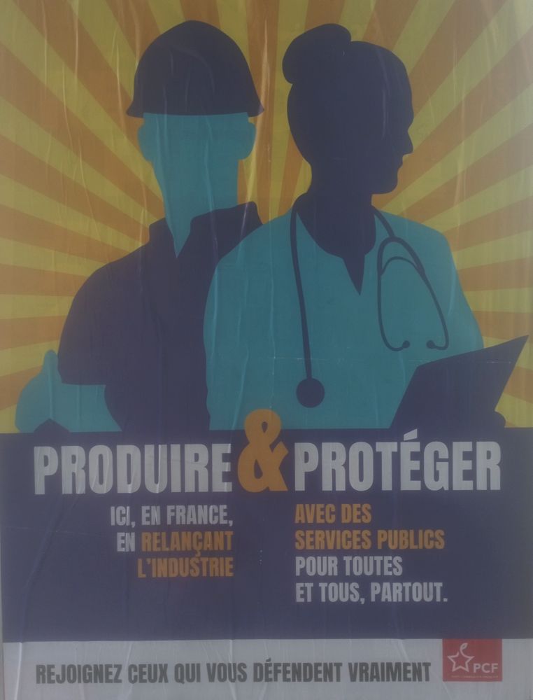 Affiche du PCF intitulée Produire & Protéger montrant un ouvrier avec un casque et un femme en blouse blanche.