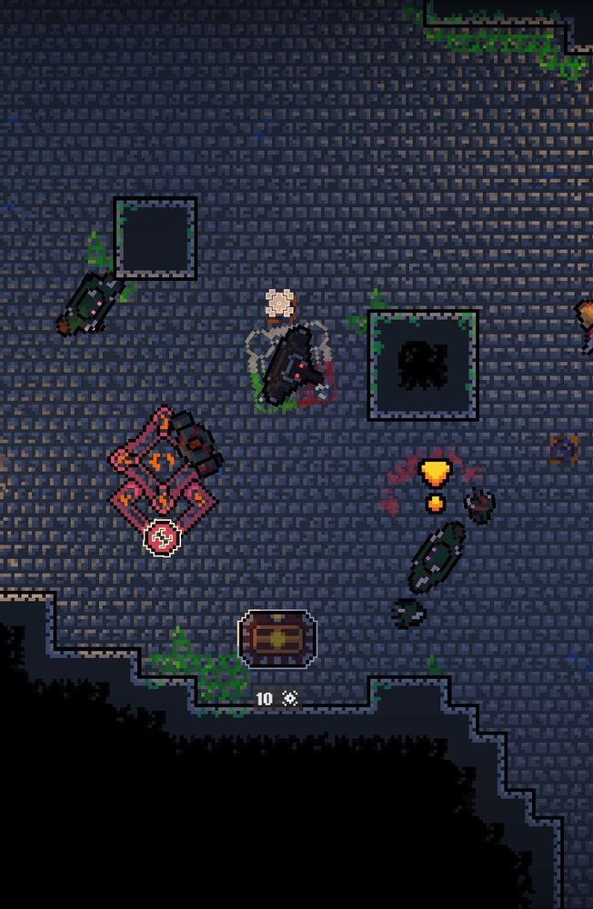 A top down view over the player looking at a zombie that's about to attack. Player is also being approached by another zombie and a walking pot that just spawned from a nearby summoning circle. 