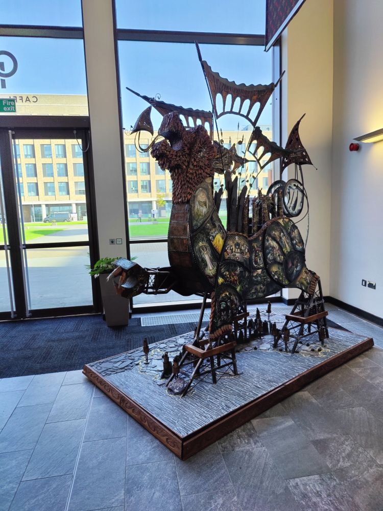 A metal dragon sculpture