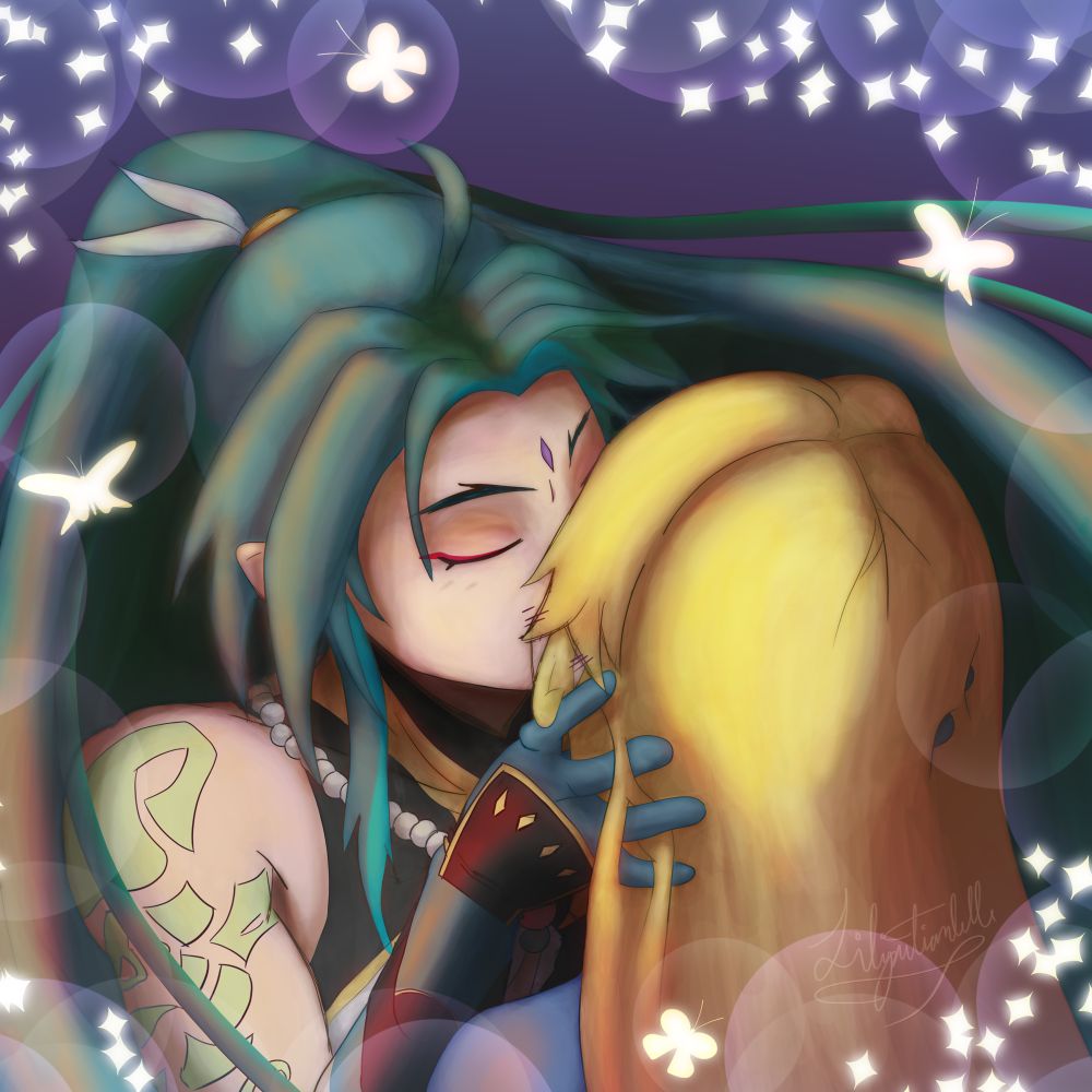 A fanart of Xiao and Lumine from the game Genshin Impact. They are kissing with lots of sparkles and bubbles and butterflies all around