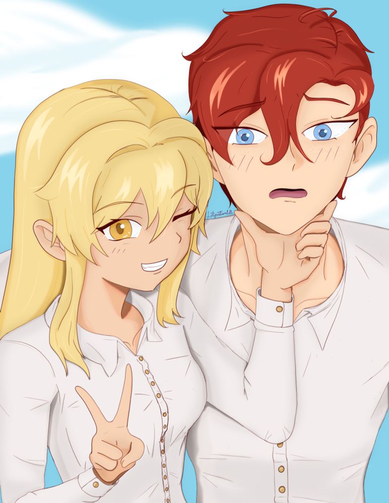 A simple colored drawing of two characters, one smiling and making a peace sign while holding the other’s shocked face.