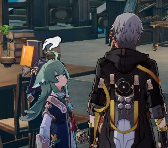 A screenshot of the game Honkai Star Rail, depicting the main character and Huohuo. Huohuo is looking up at the MC with a "collect" icon above her head, making it seem like the player can give Huohuo a head pat