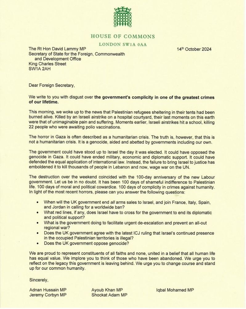 A letter on Gaza to foreign secretary by five MPs in the house of commons