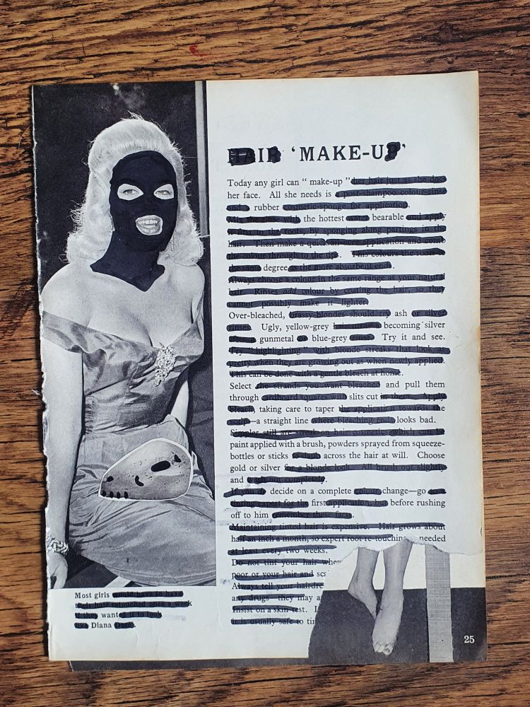 Title: I Make-U

Today any girl can 'make-up' her face.
All she needs is rubber
The hottest bearable degree
Over-bleached ash
Ugly, yellow-grey becoming silver
gunmetal
blue-grey
Try it and see.
Select and pull them through slits cut
taking care to taper- a straight line looks bad.
Paint applied with a brush, powder aprayed from bottles or sticks across the hair at will.
Choose gold or silver and
decide on a complete change-
go first before rushing off to him

