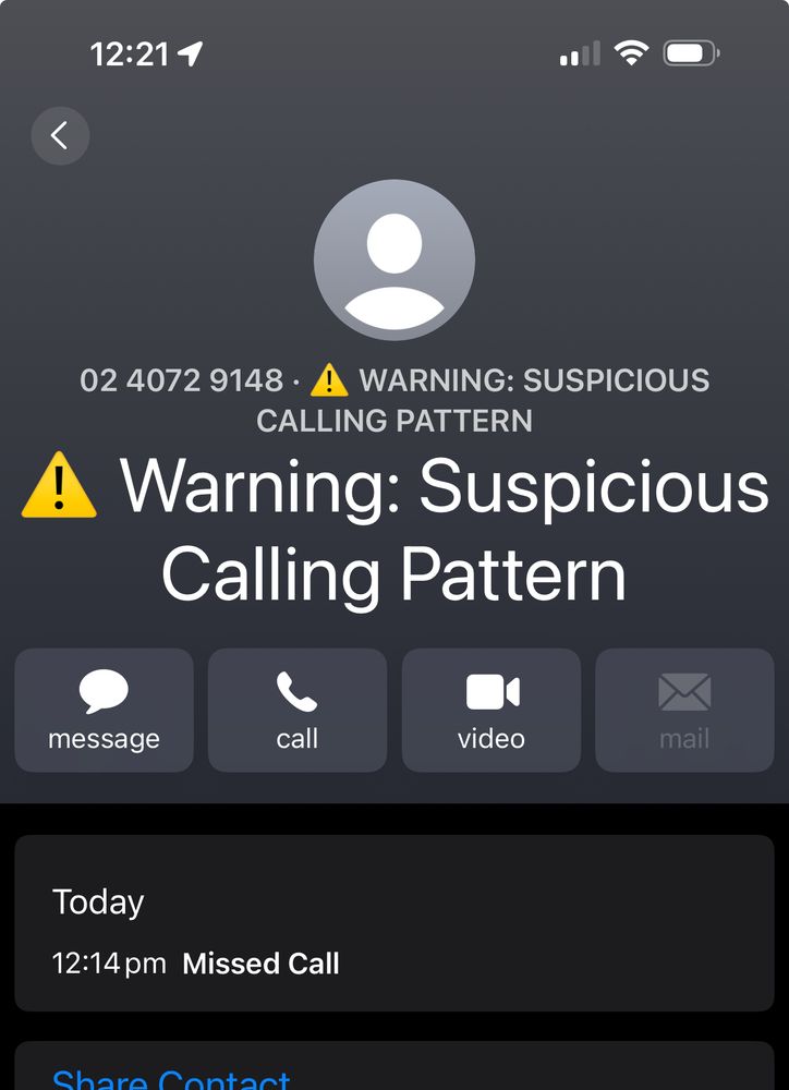 Screen snap from an iPhone showing a “suspicious calling pattern” warning for number 02 4072 9148.