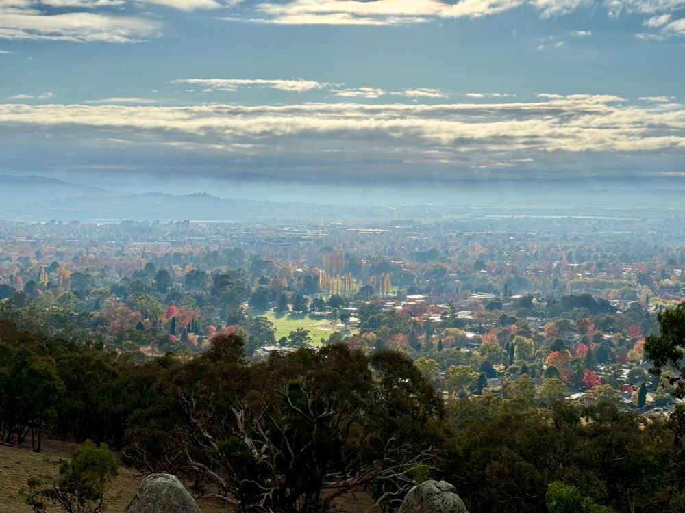 View from the trig point looking down across the inner south of Canberra. 