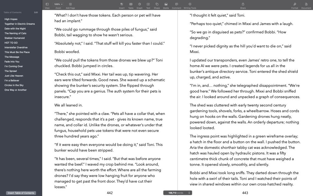 Screen snap of pages 442 and 443 of draft 19 of Daedalus, a forthcoming novel by Dave Sag. The app is Apple’s Pages. The table of contents is showing. 