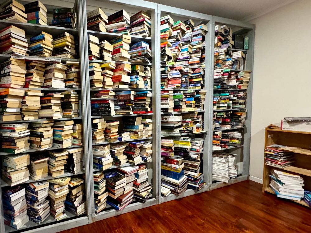Books arrayed flat and loosely grouped 