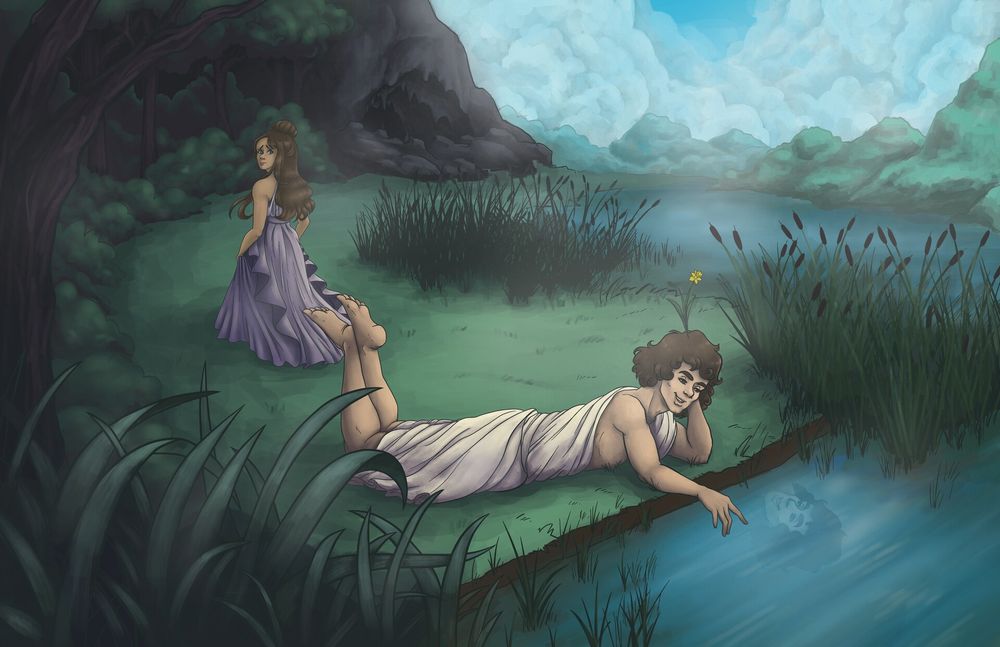 Illustration depicting Narcissus, from Greek mythology, lying by a gentle stream in a verdant landscape and staring at his own smiling face, as a woman in the background walks away disappointed.