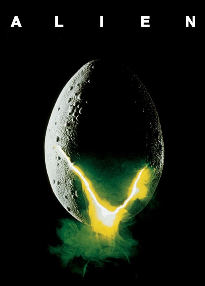 Movie poster for Alien (1979) featuring an alien egg pod with green light emanating from a crack.