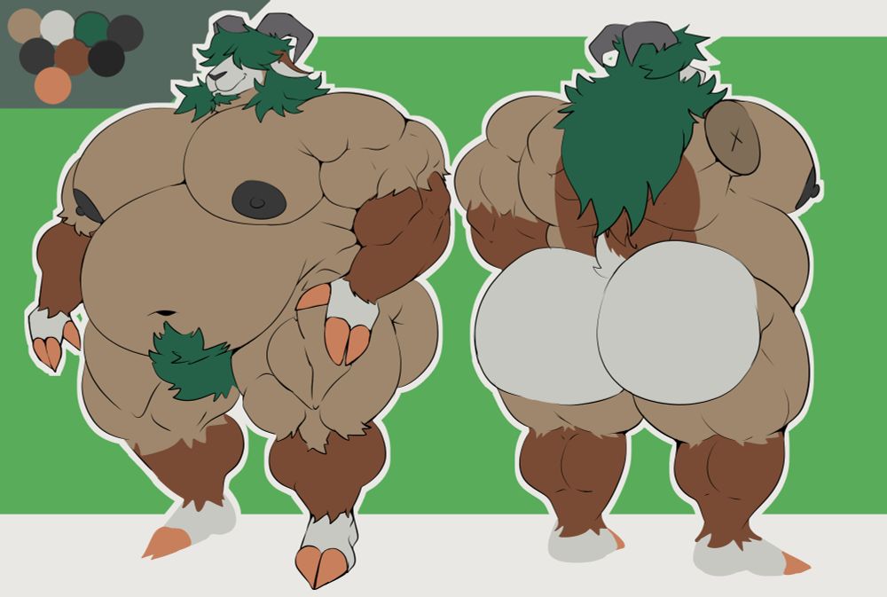 A ref sheet of a wide musclegut anthro Gogoat, named Nate. He has long hair with bangs covering his eyes and a set of angular horns. His pecs are bigger than his head and his gut even bigger. The goat stands at around 7' 6".
