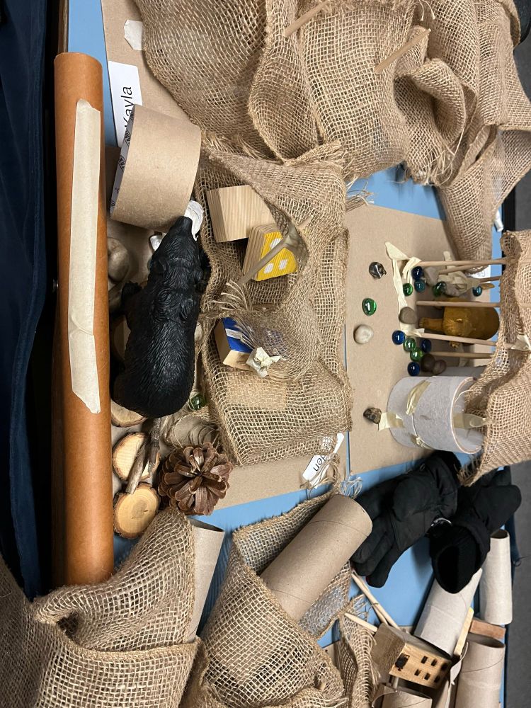 A picture of some bear dens that the kindergarten class next-door made when the teacher borrowed the loose parts cart to have them do a little story studio to reinforce the learning they’ve been doing about bear life cycles in hibernation.

Sometimes we co-teach a lesson like that and other times when my blocks for team teaching are all filled, people just borrow the cart and wheel it to their class. 