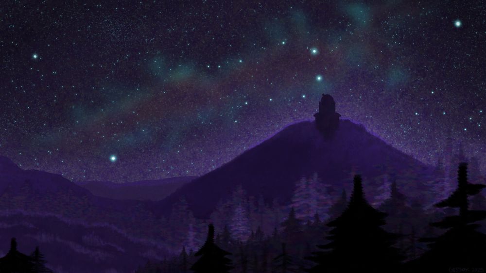 a hilly purple landscape. treelines are in the fore- and midground. an observatory sits atop the highest hill, silhouetted by a starry sky. the observatory is studying a strangely familiar constellation that is nestled within a multi-colored galaxy.