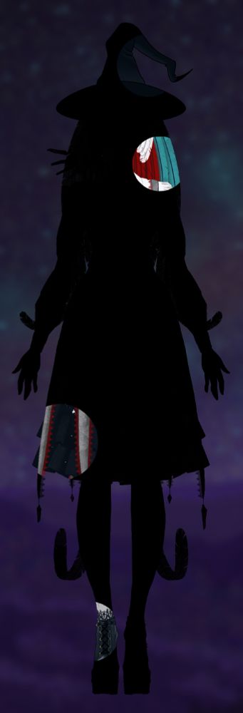 the silhouette of a witch-themed vtuber stands in front of a blurred purple background. the silhouette implies the model is wearing a flopped, pointy hat and a dress with puffed sleeves. portions of the silhouette have been erased to reveal the design hidden beneath.