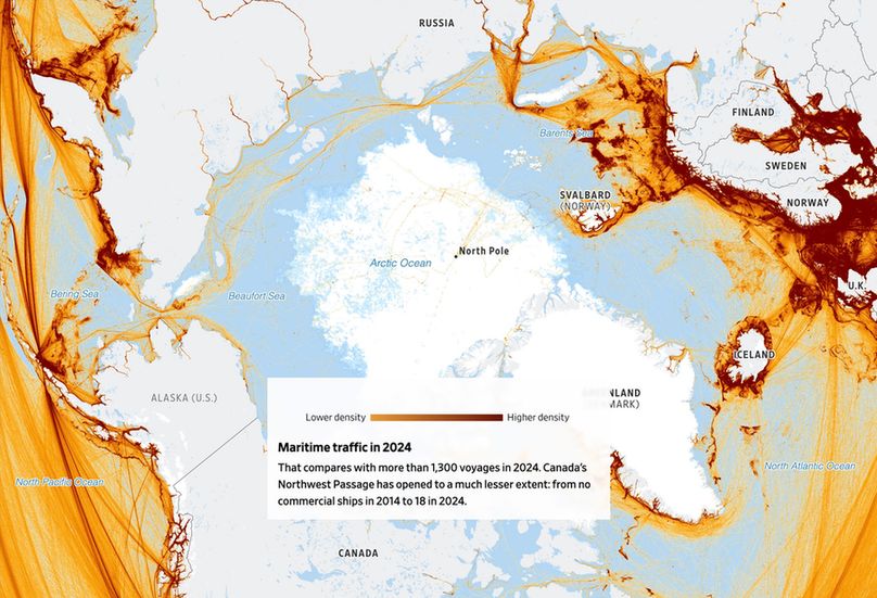A map of the Arctic Ocean and surrounding countries showing the density of maritime traffic in 2024.The highest density is between the coasts of the Scandinavian countries and Iceland. In the Baltic Sea itself not too much traffic is recorded, especially in Canada's Northwest Passage is less travel compared to 2014. Greenland's half of the North Atlantic is somewhat busy. Published in the Wall Street Journal.