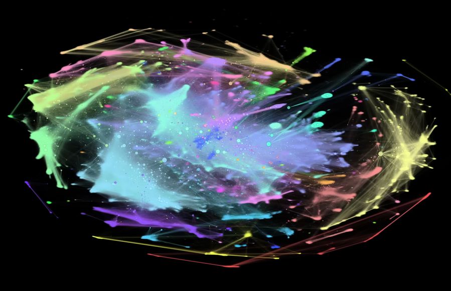 Screenshot of I “Made a Graph of Wikipedia... This Is What I Found”. Shown is a network graph of all Wikipedia articles and the links between them, resulting in a colourful representation of the world's collective knowledge. Among the most interesting findings are so-called communities, groups of articles that are more closely linked to each other than the rest of the site, represented by the individual colours. Published on YouTube by adumb.
