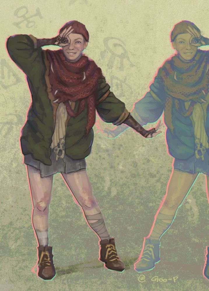 A digital illustration of Clara from Pathologic 2. It it roughly painted with a square brush, Clara is smiling mischievously and pose with left hand swaying out. She is peering out through her right hand in the 'OK' position, like a lense. Clara's image is mirrored to her right, the mirrored image is desaturated.