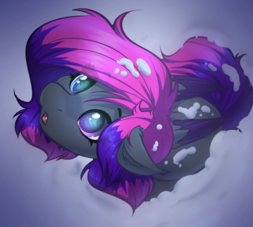 A pegasus sitting in the snow and looking up at the sky with it reflecting in her eyes.