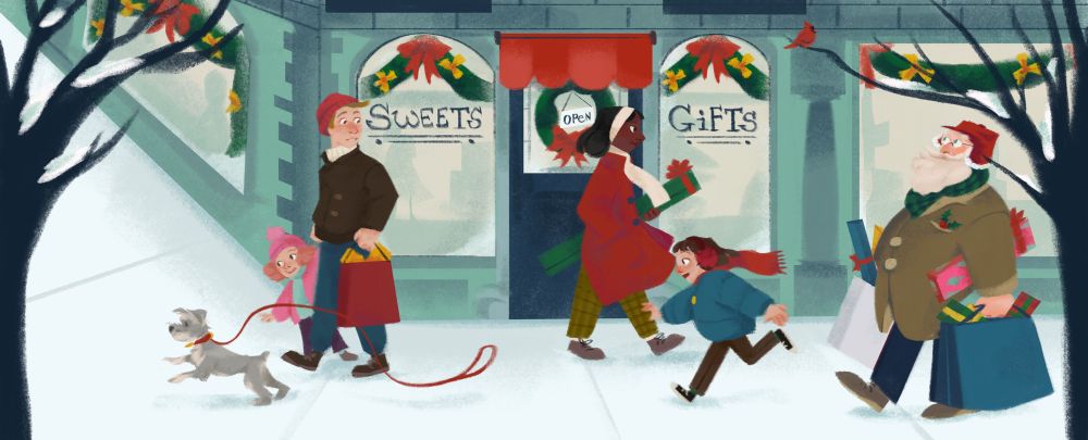 A girl runs down a sidewalk in front of store fronts decorated for the holidays. She is running after a small Schnauzer puppy who has escaped its leash. Other people on the sidewalk stroll with presents tucked under their arms and snow covers the trees. 
