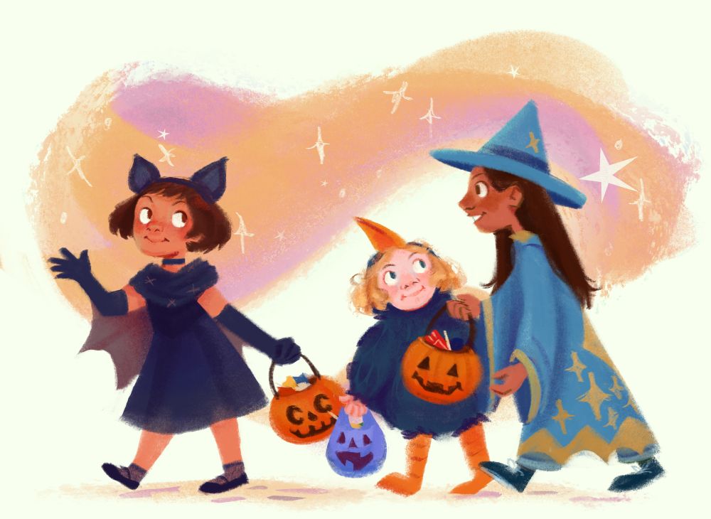 Three girls dressed up in costumes to go trick or treating. One is dressed as a bat with ears and a dress, one is dressed as a black crow, and one is dressed as a wizard. 