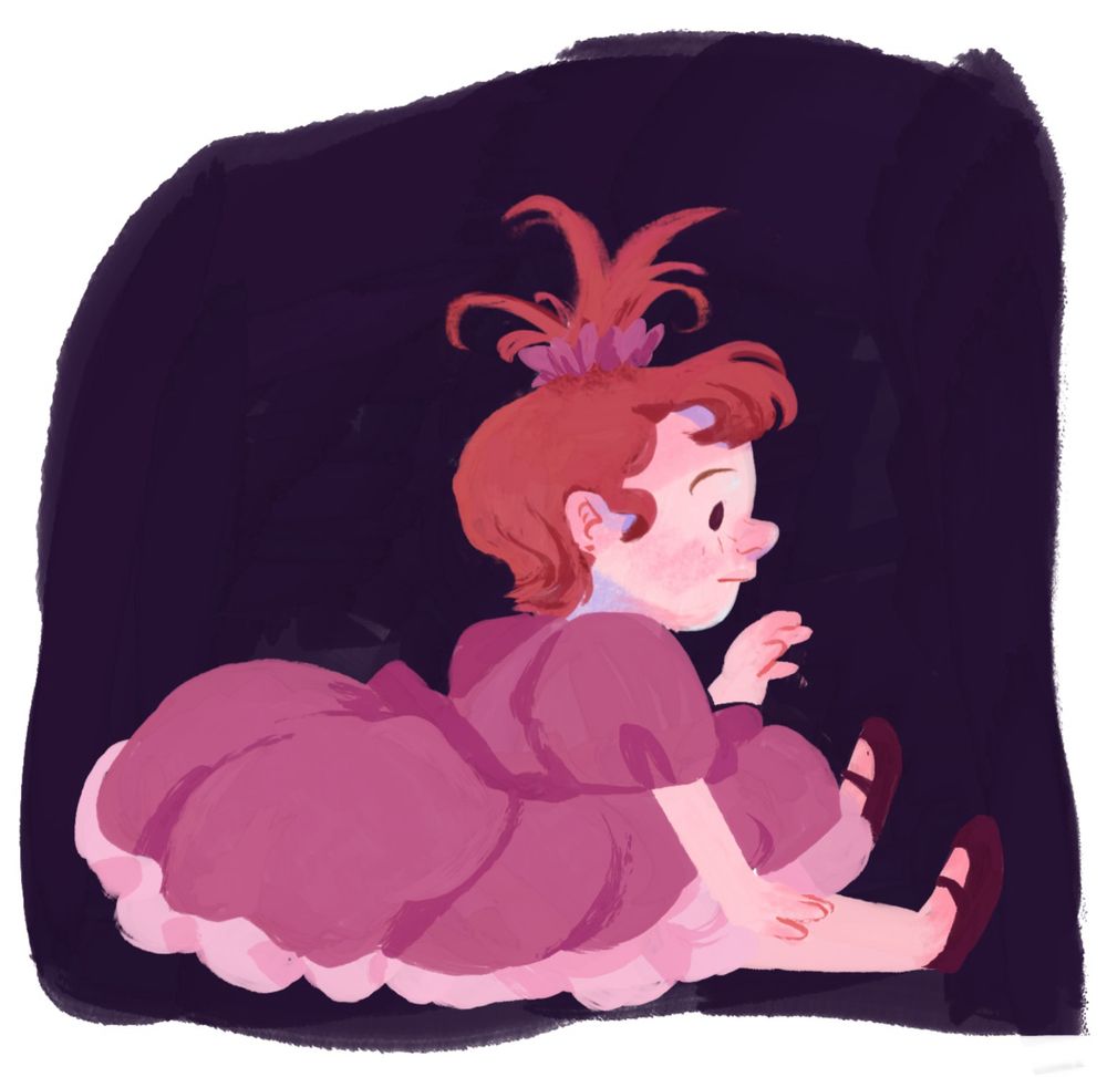 An illustration of a toddler sitting in a puffy pink dress. 