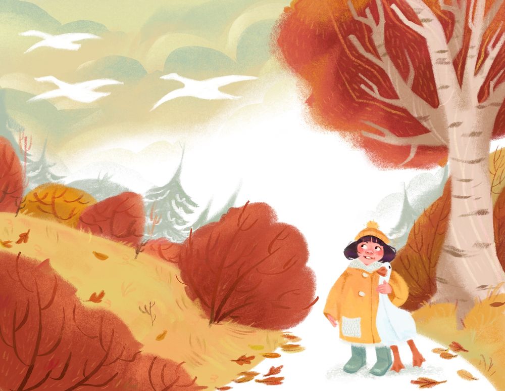 An illustration of a young girl in a park surrounded by autumnal foliage. She is holding a toy goose and smiling up at a collection of geese flying overhead. 