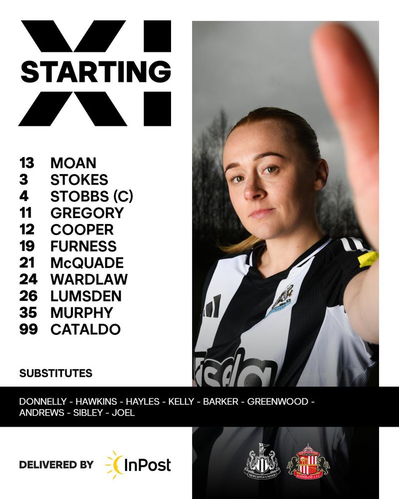 NUFC Women lineup for the Derby v Sunderland at SJP.

Moan, Stokes, Stobbs (c), Gregory, Cooper, Furness, McQuade, Wardlaw, Lumsden, Murphy, Cataldo.

Bench: Donnelly, Hawkins, Hayles, Kelly, Barker, Greenwood, Andrews, Sibley, Joel.