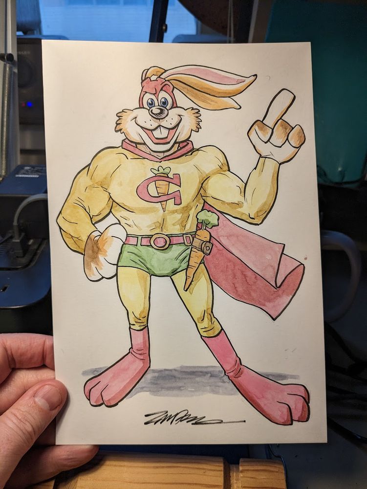 A watercolor commission of Captain Carrot by beloved cartoonist Zander Cannon