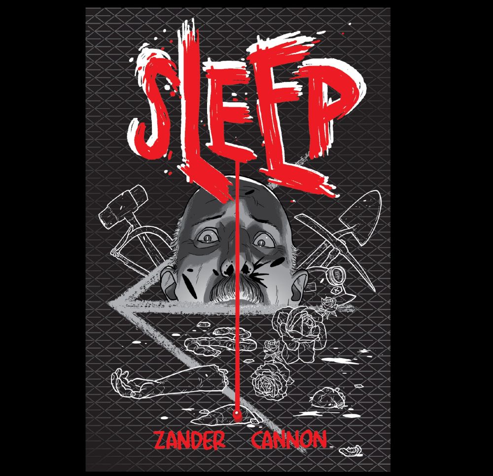 A-cover for the comic book SLEEP #4, by creator Zander Cannon: a black and white image including a bloodied face, scattered guts, and mining tools. 