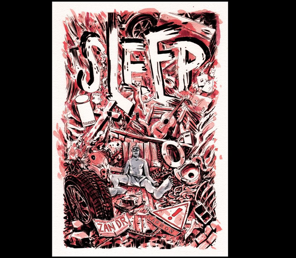 B-cover for the comic book SLEEP #4 by international man of mystery Matt Kindt, a beautiful watercolor rendering of the protagonist sitting stunned in the middle of untold destruction. 