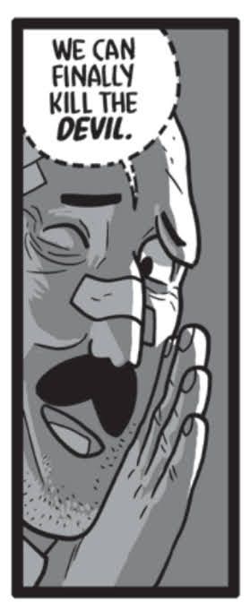 A black and white image of Pastor Stephen, a character from SLEEP, whispering conspiratorially: "We can finally kill the devil." Drawn by beloved cartoonist Zander Cannon 