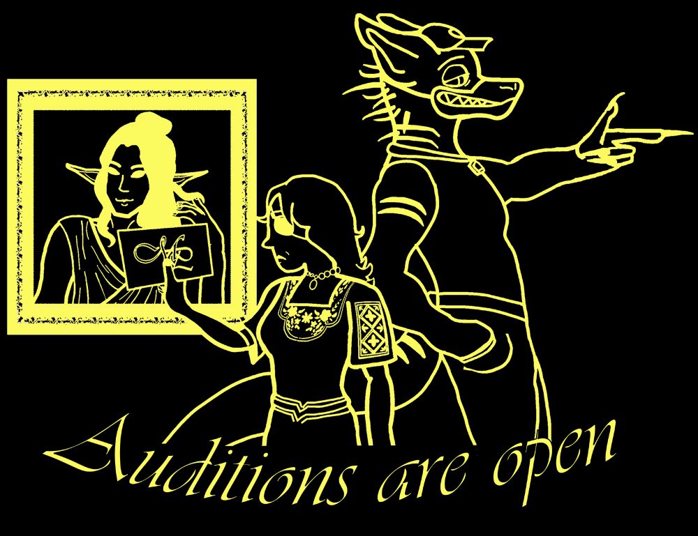 Three subjects, Alero is in a frame, Hyra is holding a letter and Sapien is giving a finger-gun to the right. The text beneath them says Auditions are open