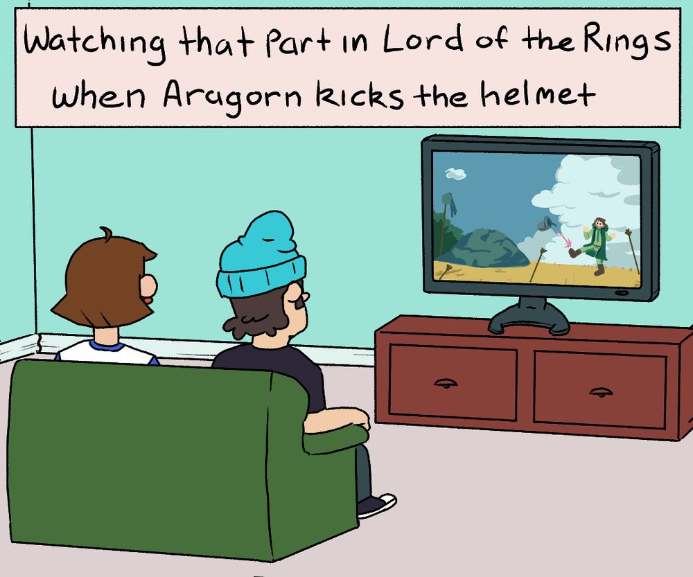 a couple sit on the couch watching lord of the rings, text says it's the part when aragorn kicks the helmet