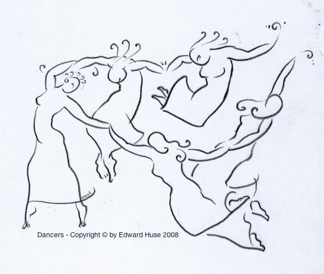 a brisk, almost lyrical gestural drawing, in lines spare but lively, of five women in long dresses dancing in a kind of circle - their garments are suggested by the lines of the hems, bare feet engage the air, their arms and hands intertwine and end in little spirals like the spiraling ends of their tresses, all suggesting the shared magic of a moment of dance, graphite on paper (c) 2008 by Edward Huse - I made this for the cover of the program for a production of 