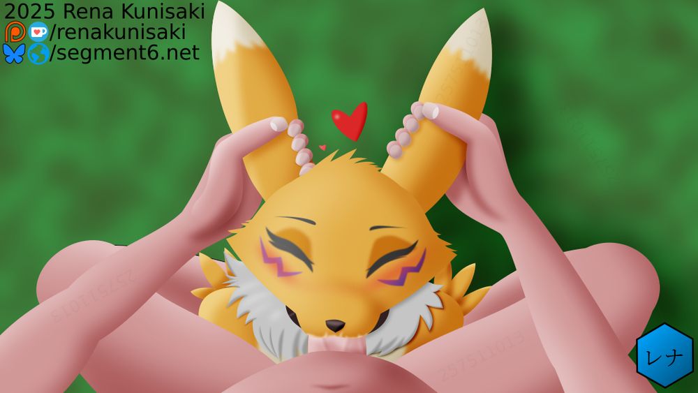 POV of Renamon being facefucked by the viewer who's holding her by the ears. She's smiling, there's a heart over her head.