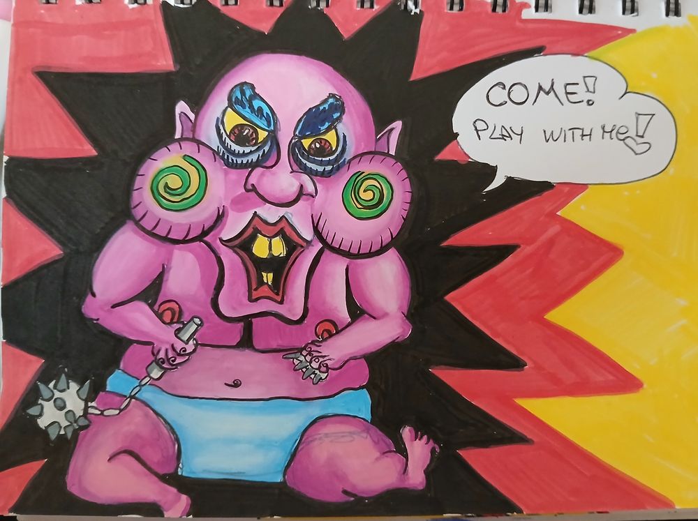 Evil baby with weapons in his hands. He is saying 'come! Play with me!